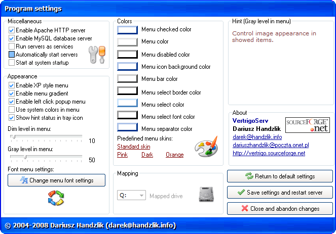 Окно настроек программы